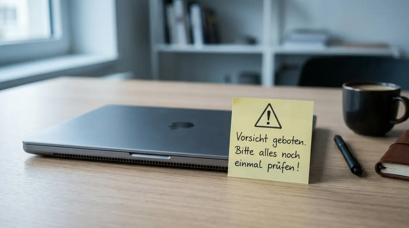 Warnschild-artige Notiz auf einem Schreibtisch als Sinnbild für zweifelhafte Gratisangebote im Casino