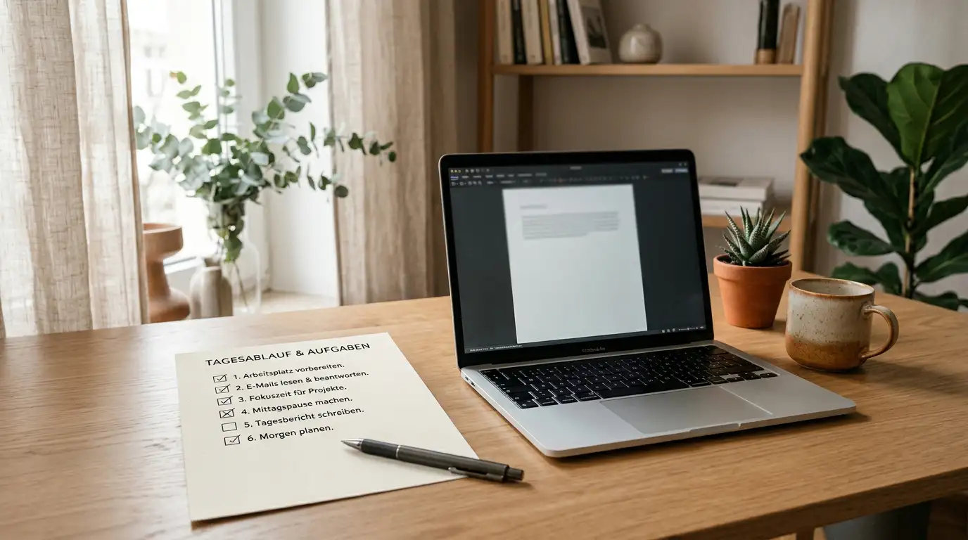 Ruhiger Arbeitsplatz mit Checkliste auf Papier und einem Laptop mit neutraler Oberfläche