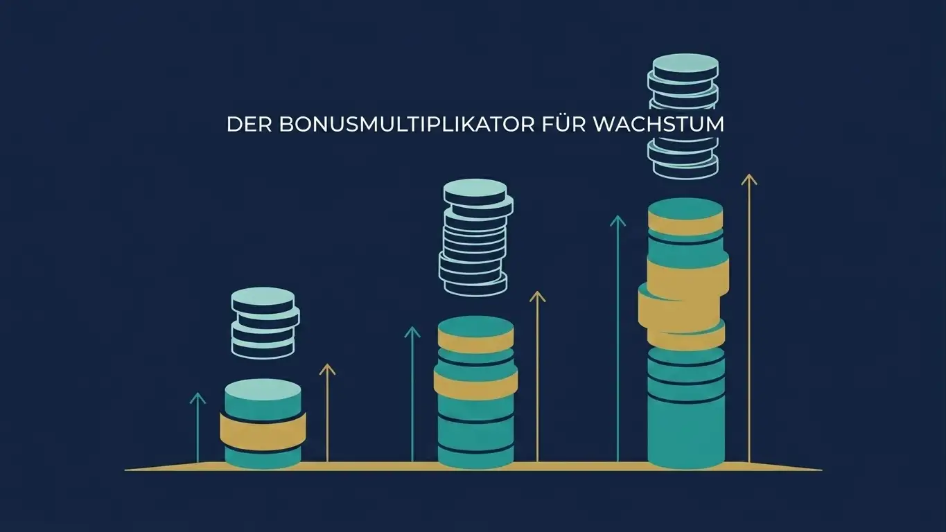 Drei kleine Münzstapel in aufsteigender Größe mit den Beschriftungen fünf, zehn und zwanzig Euro und jeweils verdreifachtem Spielguthaben