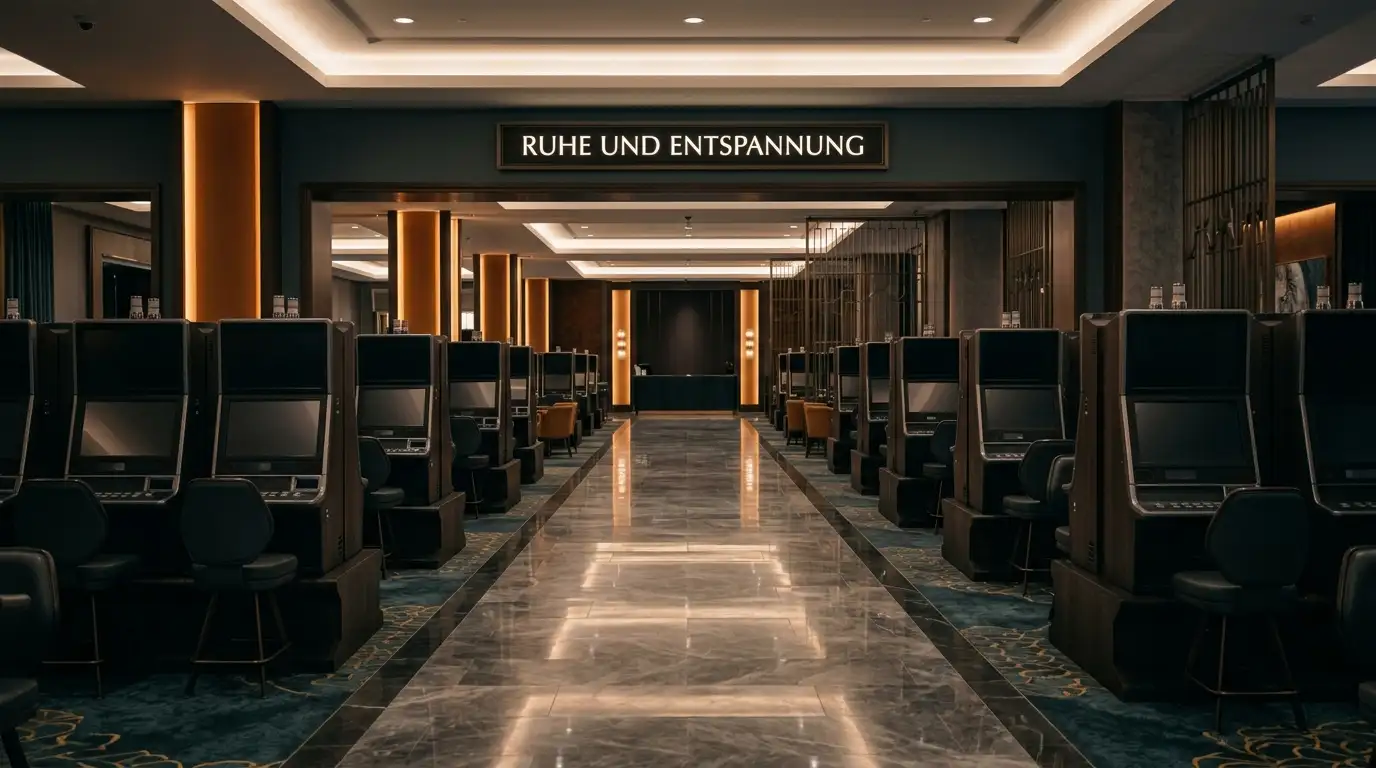 Stille Casino-Lobby mit gedämpftem Licht und leeren Spielautomaten, die Bildschirme sind abgedunkelt