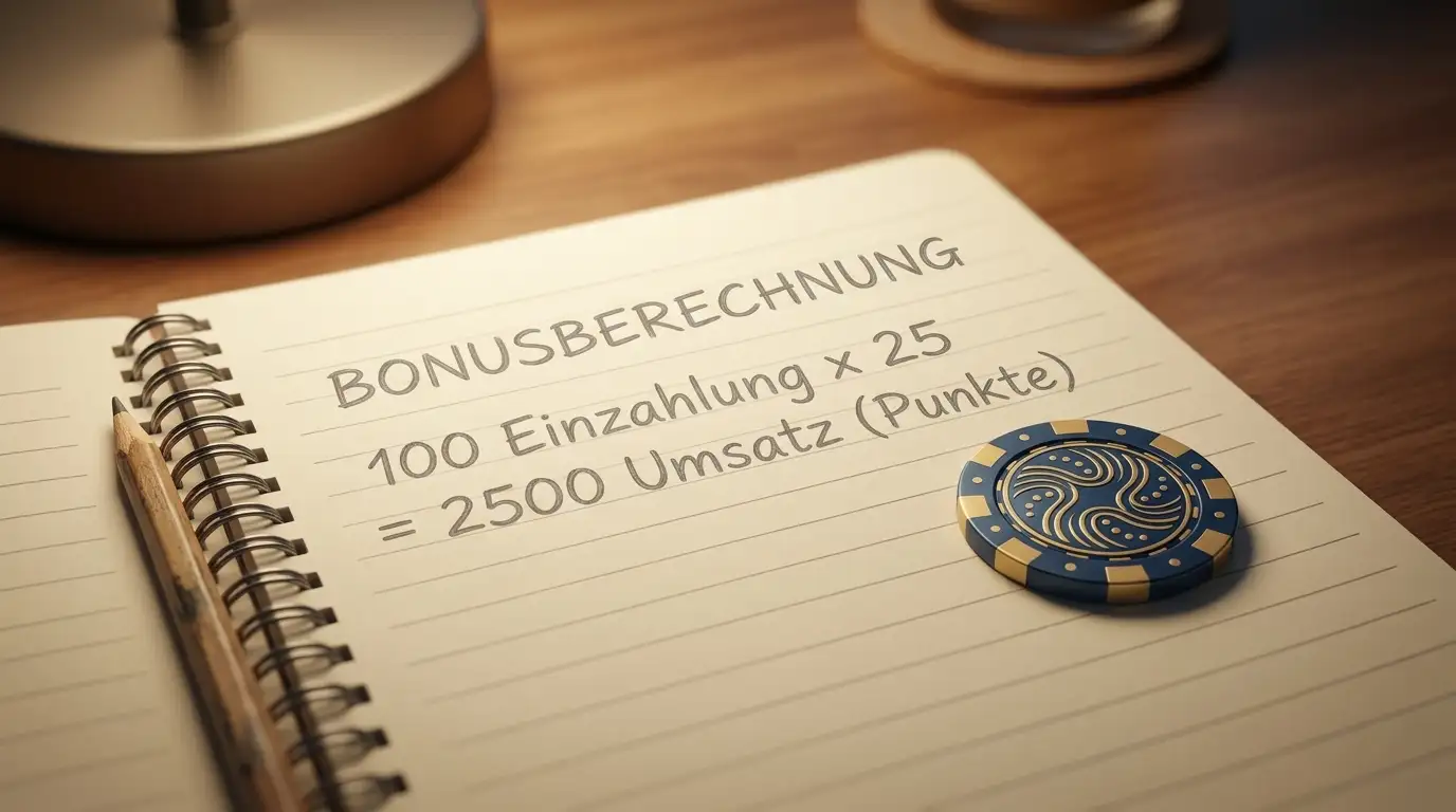 Notizbuch mit handschriftlicher Bonus-Berechnung und einzelner Spielmarke daneben