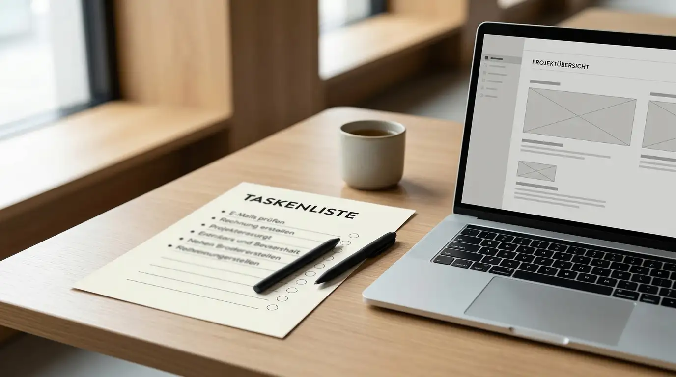 Ruhiger Arbeitsplatz mit Checkliste auf Papier und einem Laptop mit neutraler Oberfläche