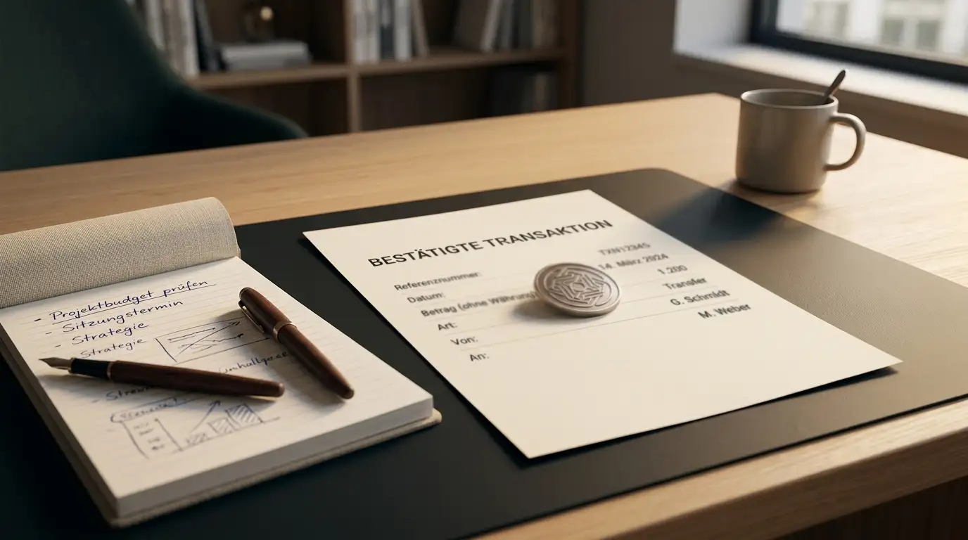 Notizbuch mit Transaktionsaufzeichnung und abstraktem Coin-Symbol daneben