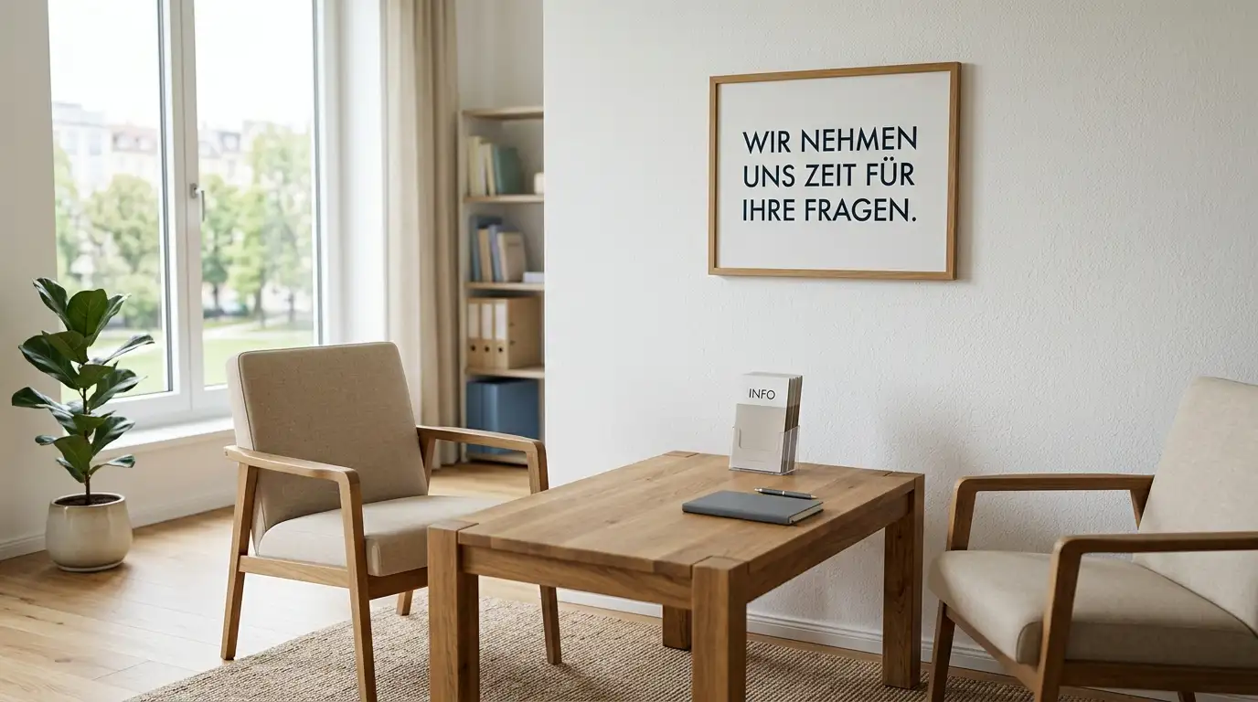 Beratungstermin mit neutraler Atmosphäre, ein Stapel Info-Broschüren auf dem Tisch
