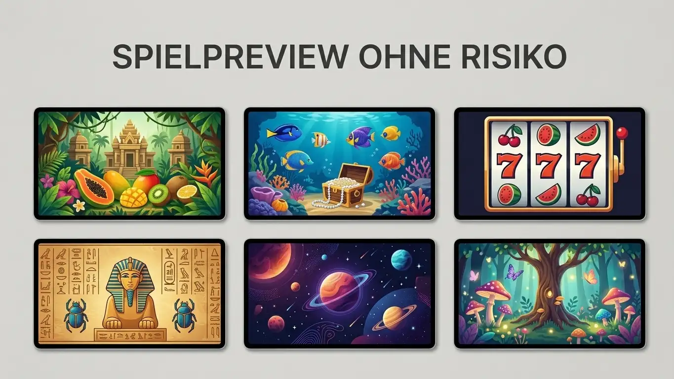 Sechs nebeneinander aufgestellte Bildschirmkacheln mit neutralen Casino-Oberflächen ohne Logos
