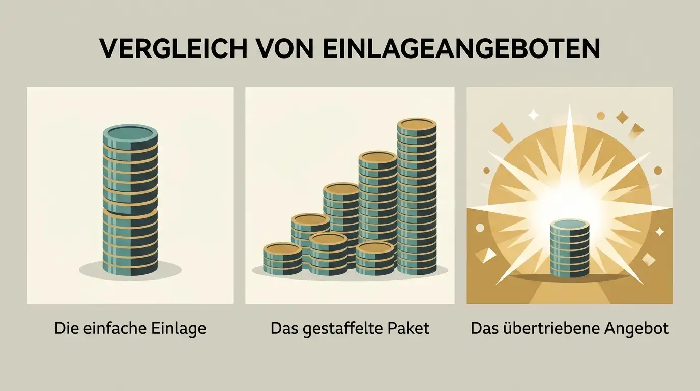 Drei nebeneinandergestellte Angebotsformen: echtes Einzelangebot, gestaffeltes Paket und groß beworbene, real kleinere Aktion