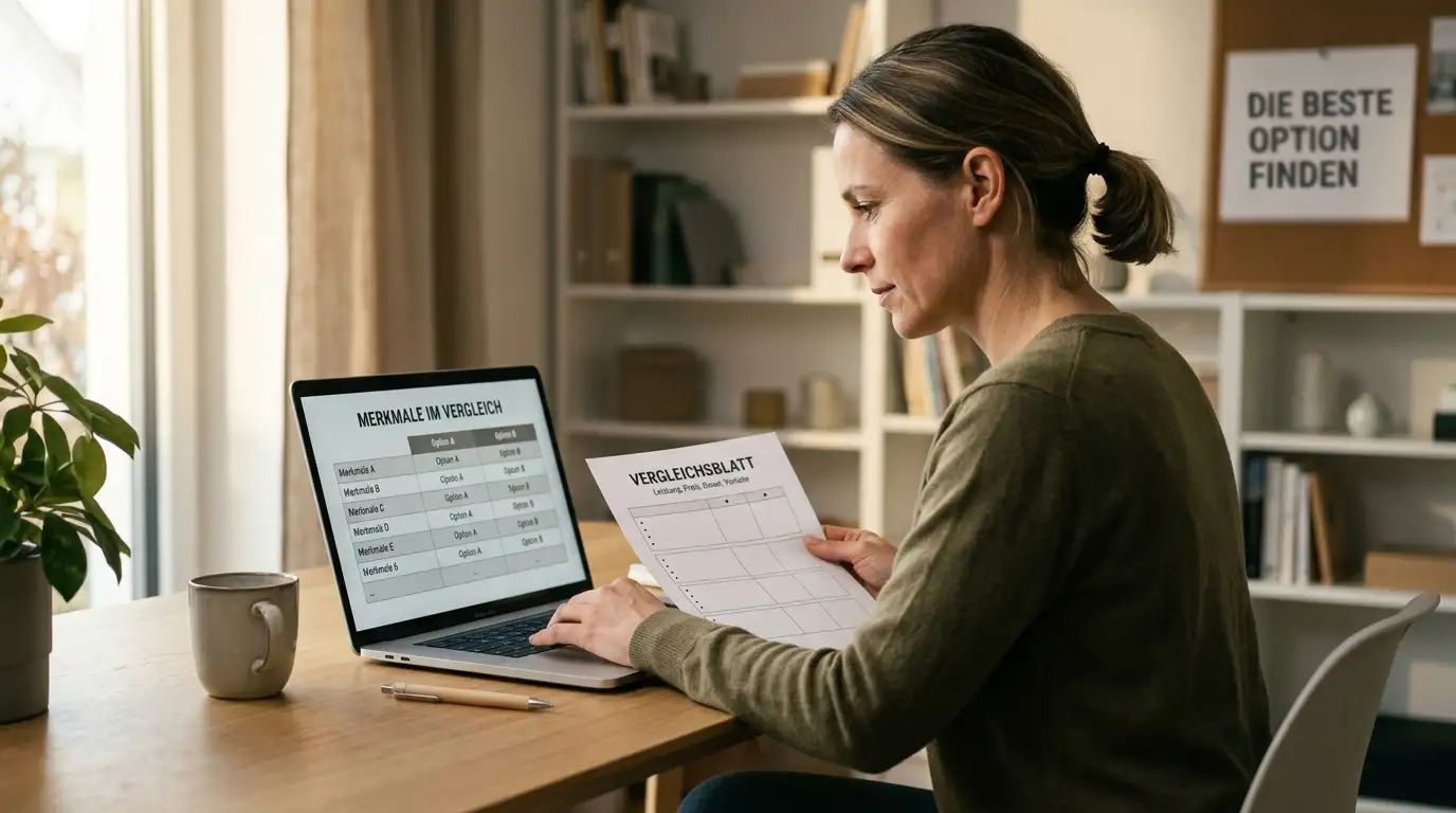 Person am Laptop vergleicht Anbieter mit Startguthaben ohne Einzahlung