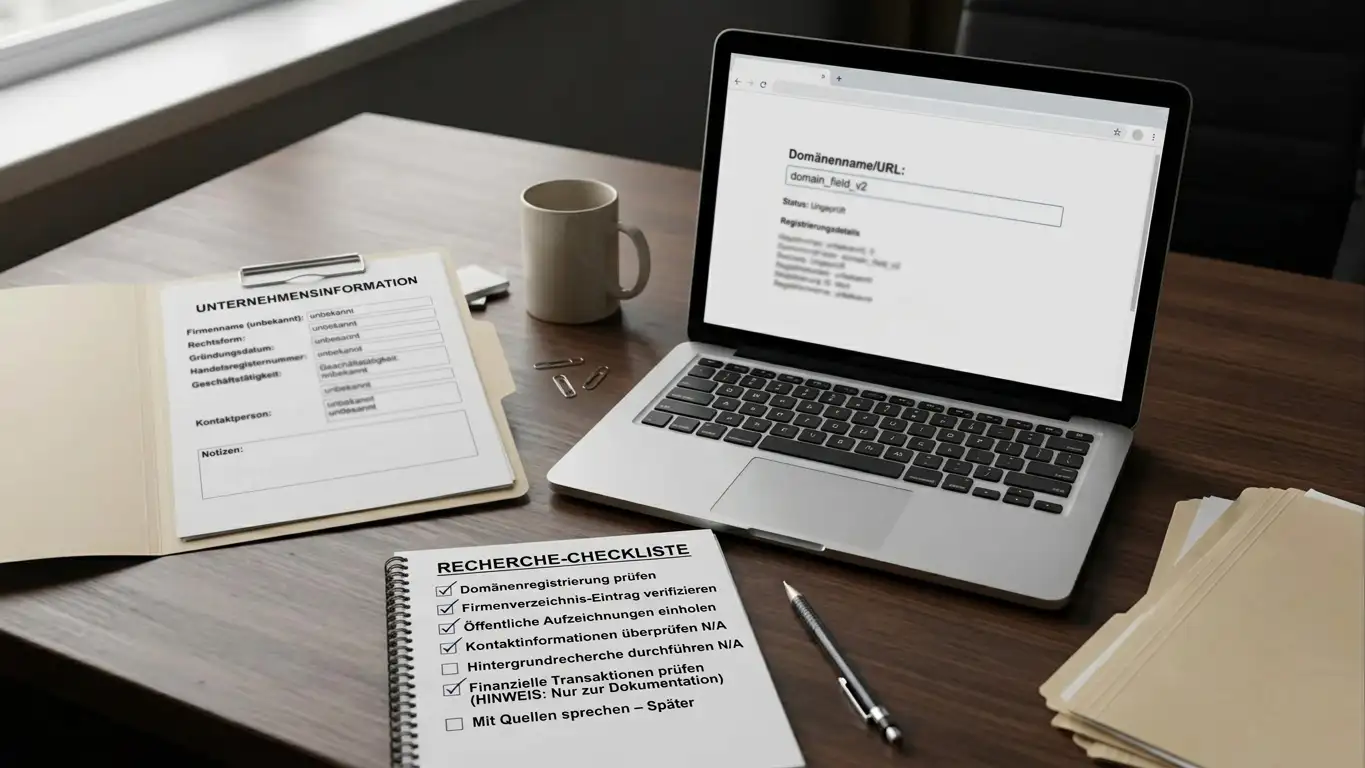 Neutrale Prüfliste mit Betreiberangaben und Domainzeile auf einem Schreibtisch