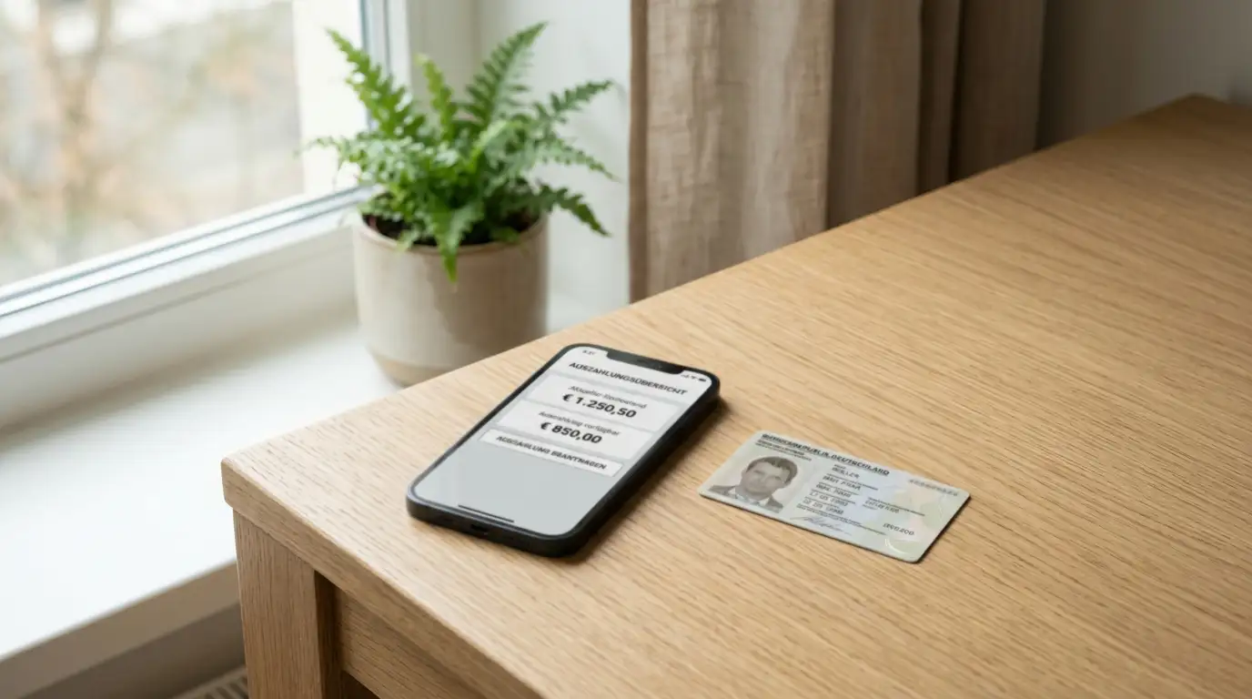Smartphone mit Auszahlungs-App und Ausweis-Dokument auf einem Tisch