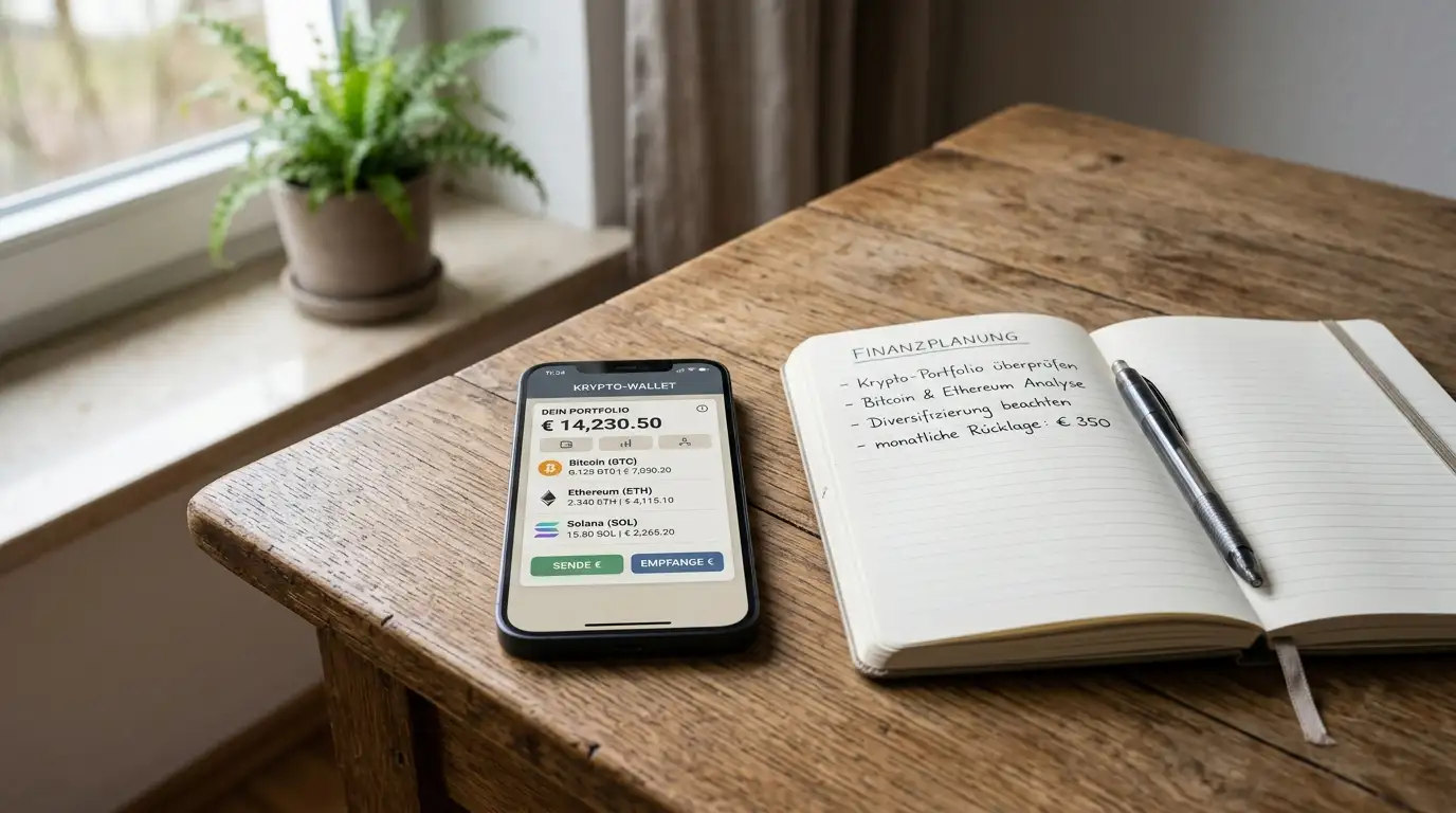 Smartphone mit Krypto-Wallet und Auszahlungs-App auf einem Holztisch
