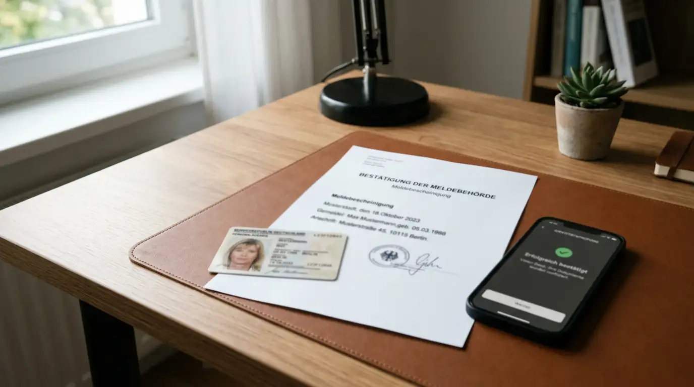 Tisch mit Ausweis, Adress­nachweis und Smartphone für KYC-Verifizierung