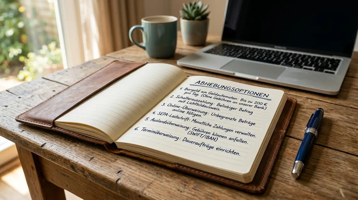 Notizbuch mit Notizen zu Auszahlungsmethoden, Bankdaten und KYC-Checkliste auf einem Schreibtisch