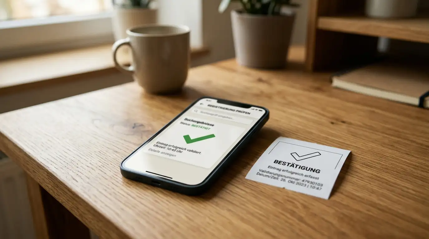 Notebook mit Auszahlungs-Bestätigung und ein Smartphone, das einen Lizenzregister-Eintrag anzeigt