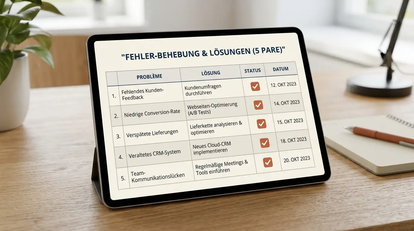 Checkliste auf Tablet-Screen mit fünf häufigen Auszahlungsproblemen und deren Lösungen in übersichtlicher Tabellenform dargestellt