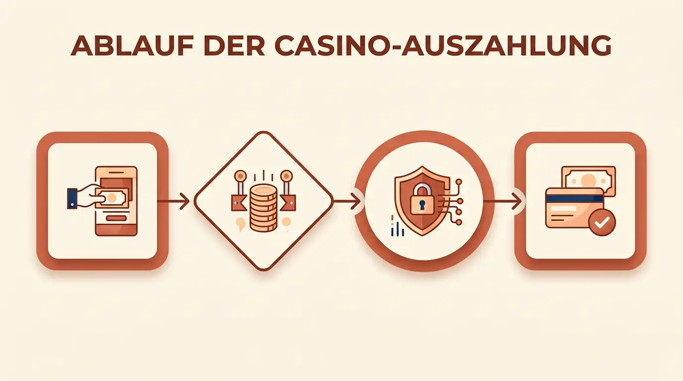 Vierstufiges Flussdiagramm zeigt Casino-Prüfung Freigabe Payment-Processing und Bankgutschrift als verbundene Prozessschritte