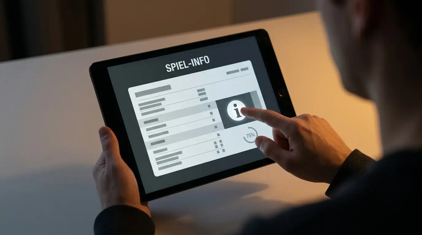 Hand öffnet die Spielinformation eines Automatenspiels am Bildschirm