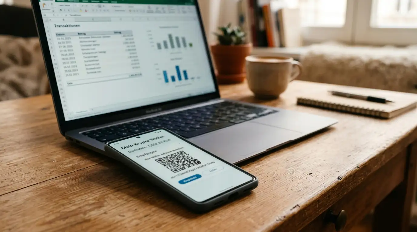 Smartphone mit Krypto-Wallet neben einem Laptop auf dem Schreibtisch