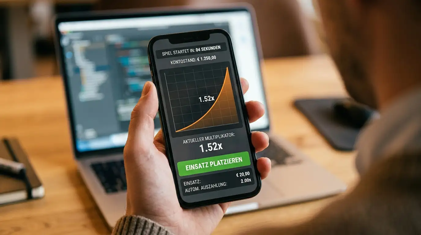 Hand am Cashout-Knopf eines Crash-Spiels auf dem Smartphone