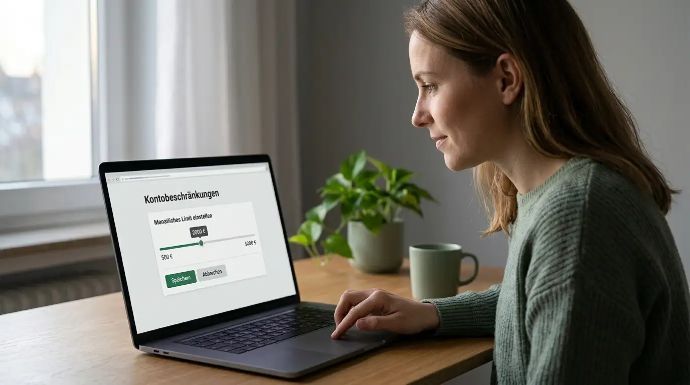 Ruhige Person stellt am Laptop ein Einzahlungslimit im Konto ein