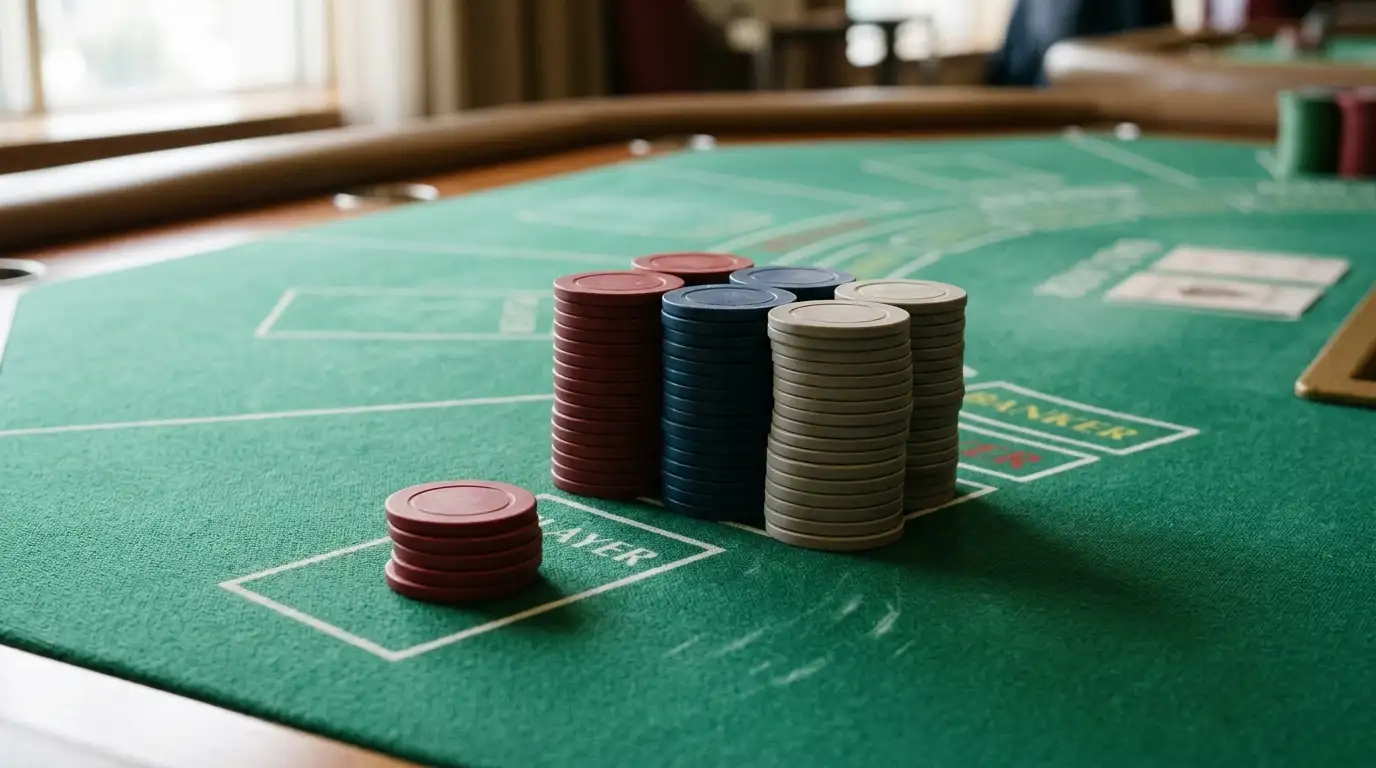 Stapel neutraler Spielmarken ohne Wertaufdruck auf einem Baccarat-Filz