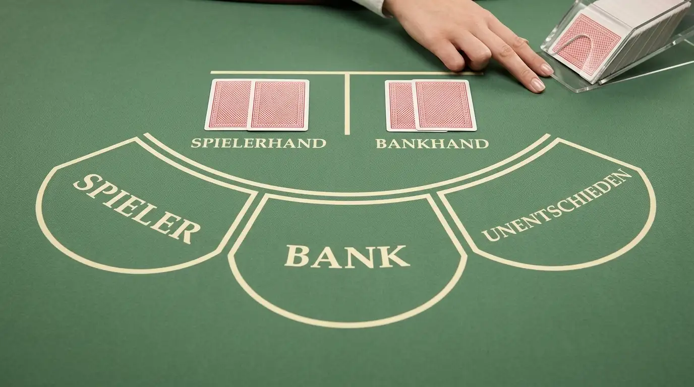 Zwei Baccarat-Hände auf dem Filz mit den Wettfeldern Player, Banker und Unentschieden
