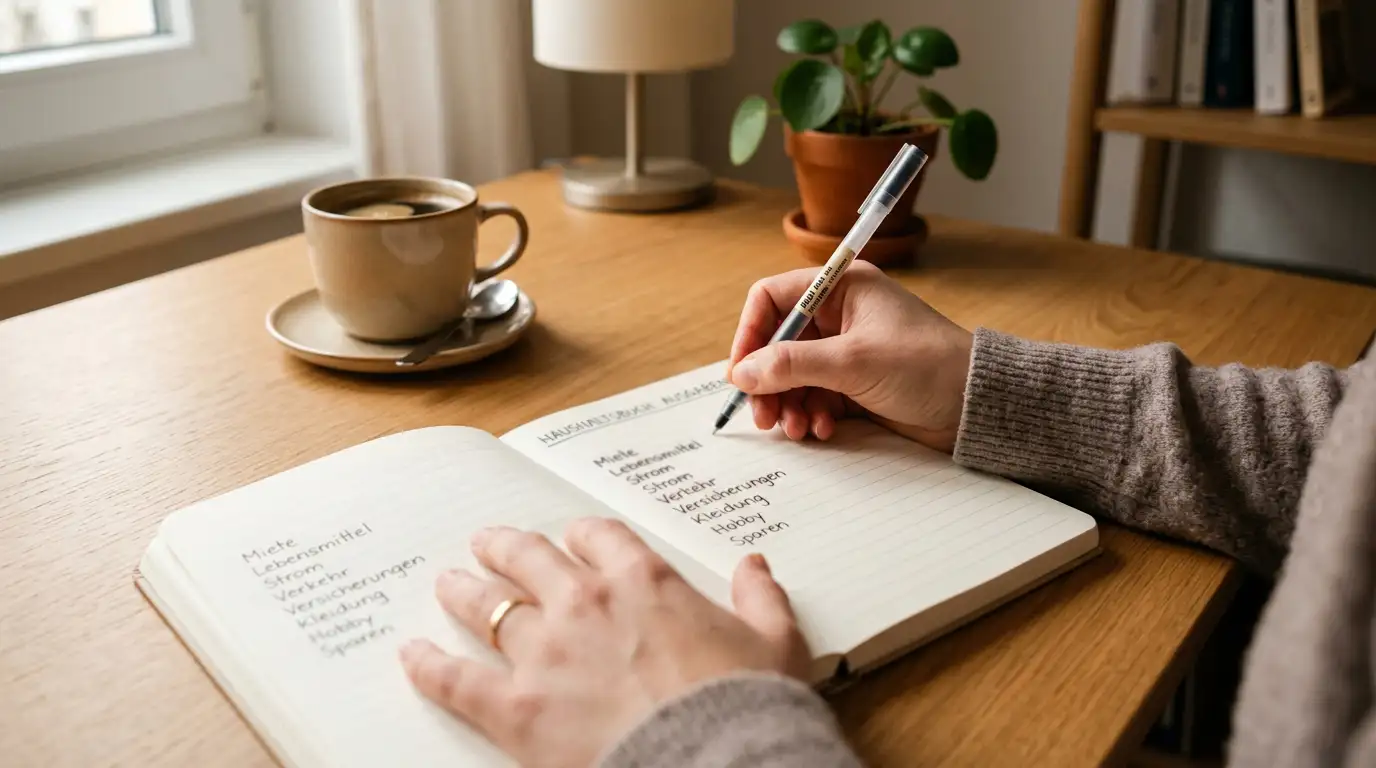 Person notiert ihr Spielbudget mit Stift in einem Notizbuch
