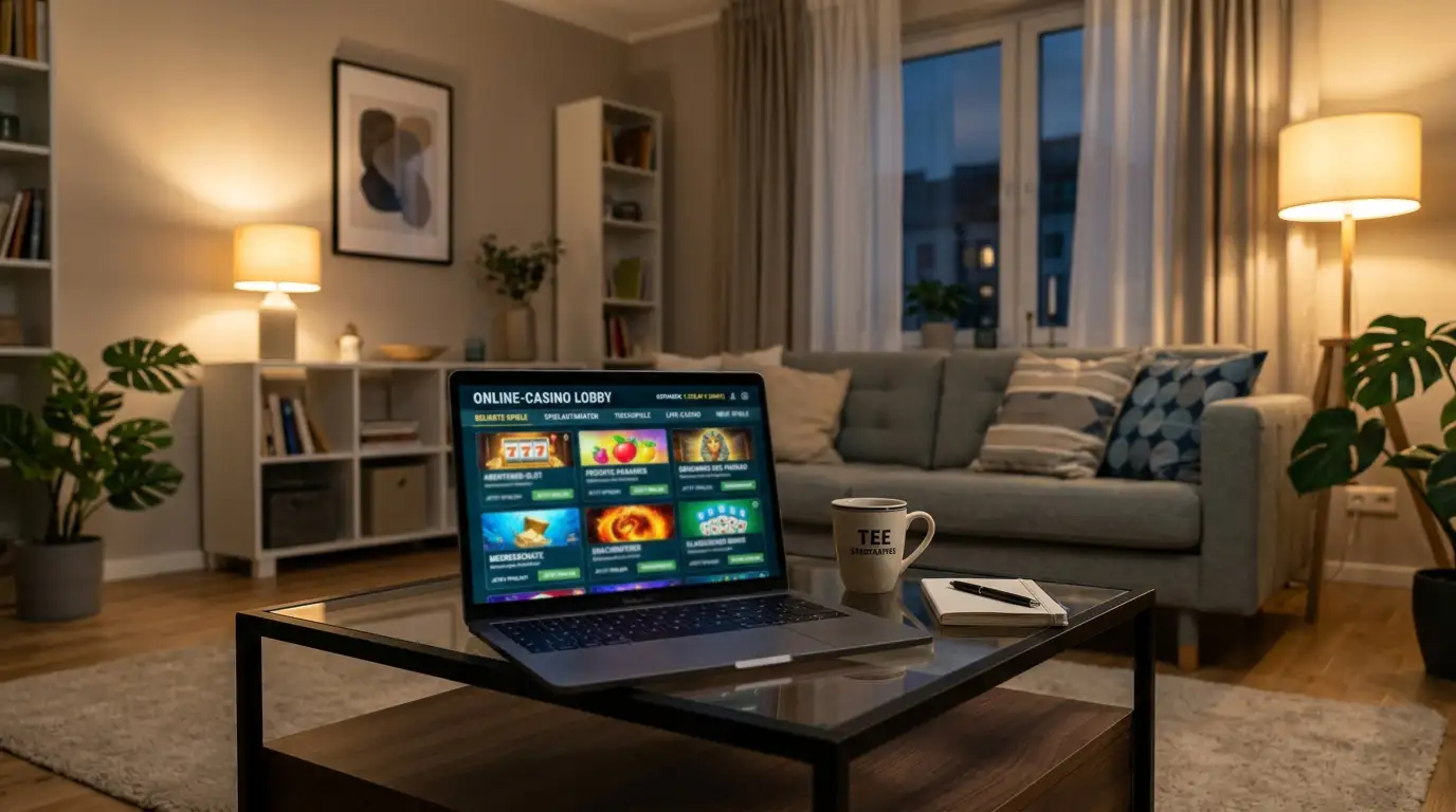 BC.Game-Casino-Lobby auf einem Laptop im Wohnzimmer