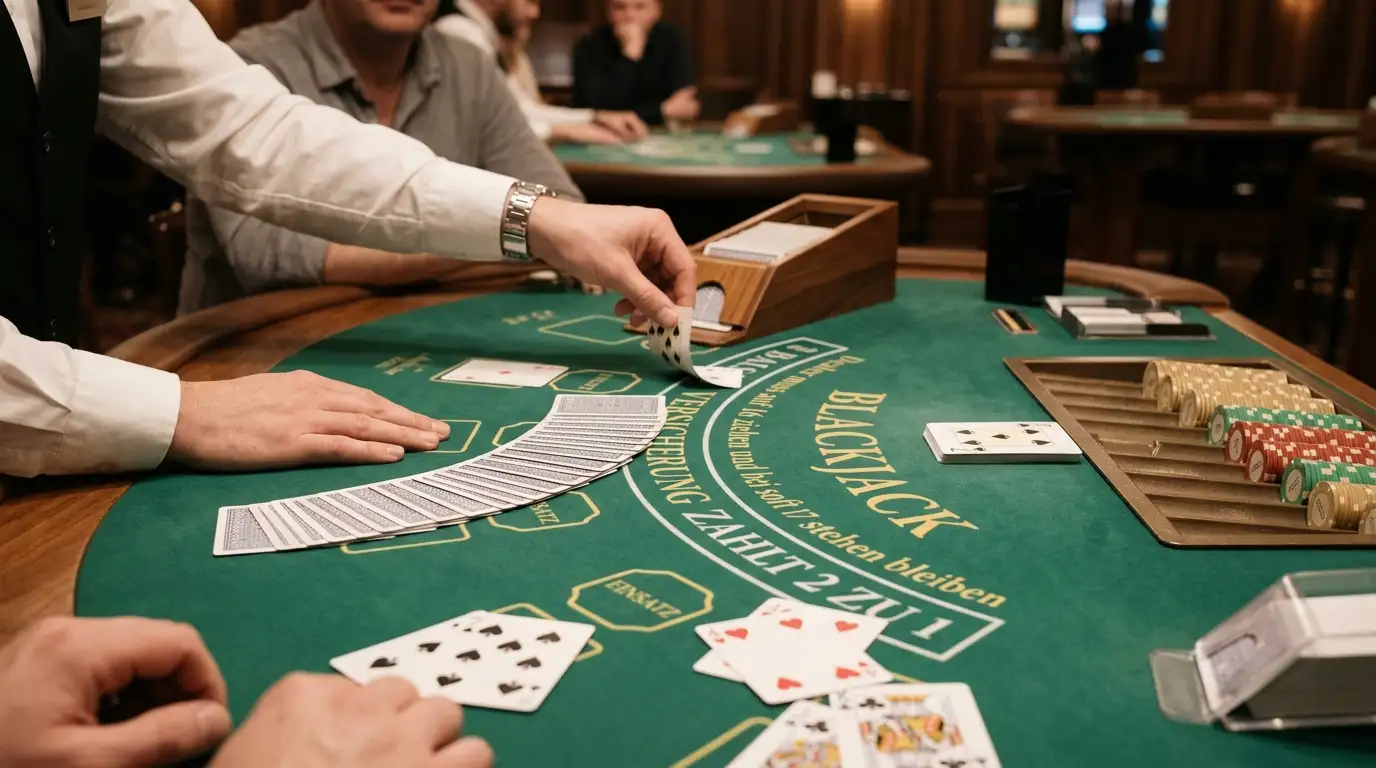 Live-Blackjack-Tisch mit Croupier und Kartenschuh für deutsche Spieler