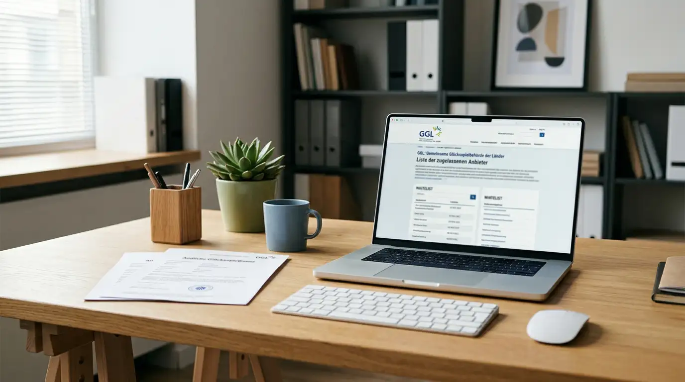 Schreibtisch mit Laptop, offener GGL-Whitelist und Lizenz-Dokumenten