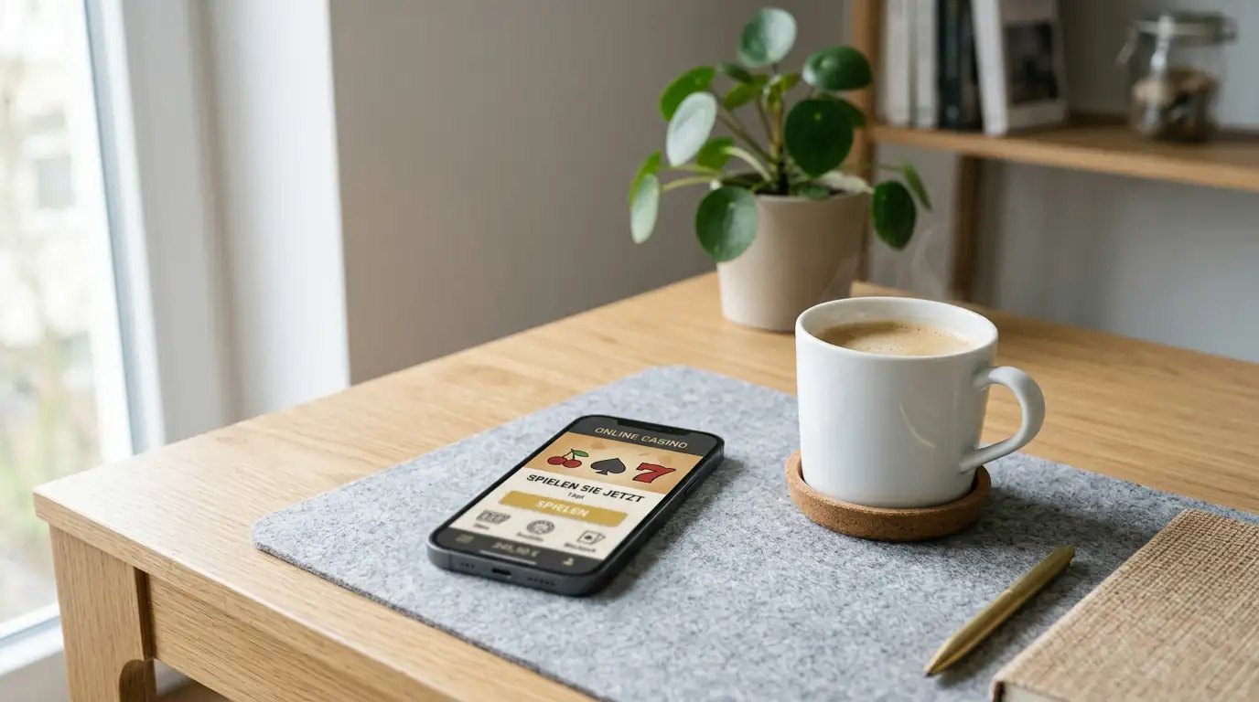Smartphone mit Casino-App-Interface auf modernem Schreibtisch neben Kaffeetasse