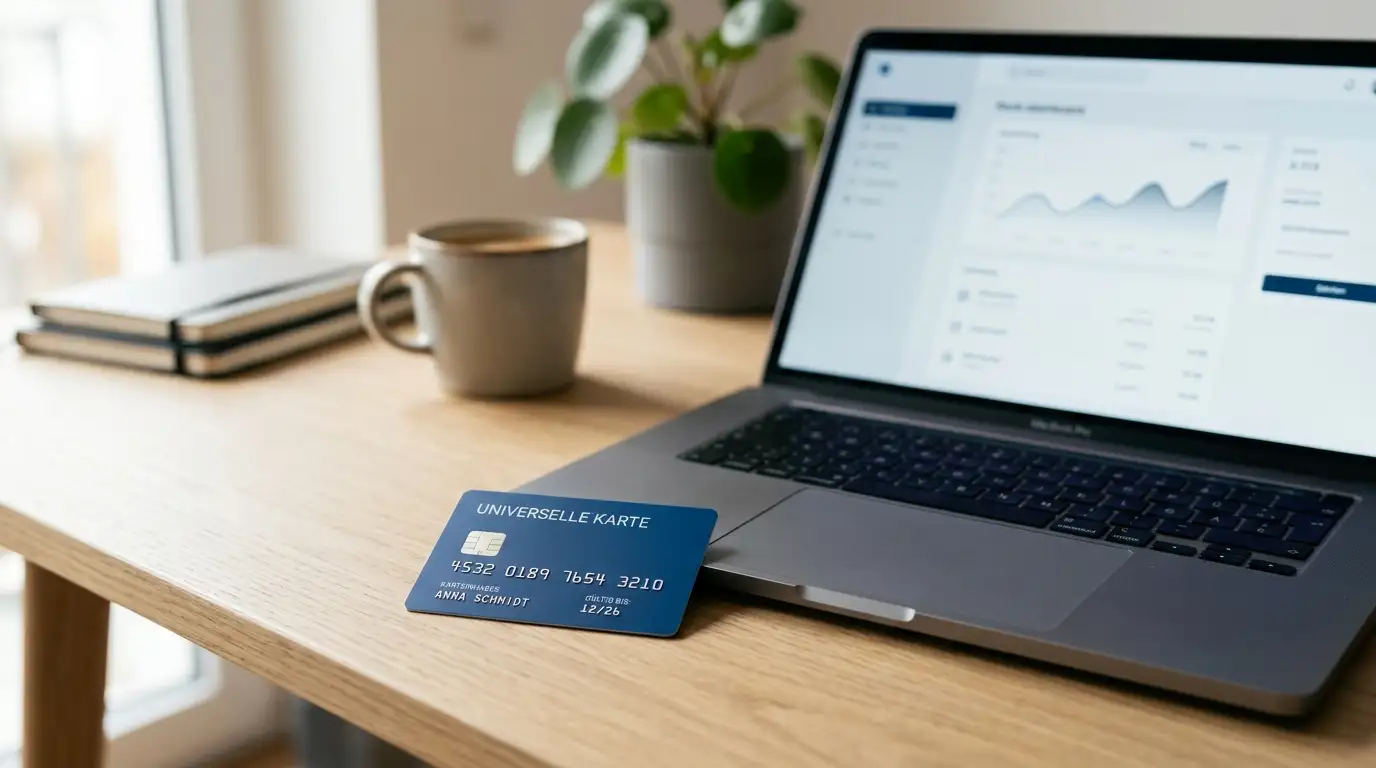 Visa-Karte neben einem Laptop im neutralen Casino-Kontext