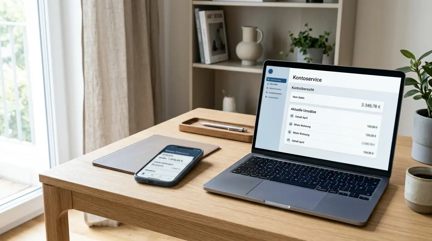 Smartphone mit Banking-App neben einem Laptop im neutralen Bezahlkontext