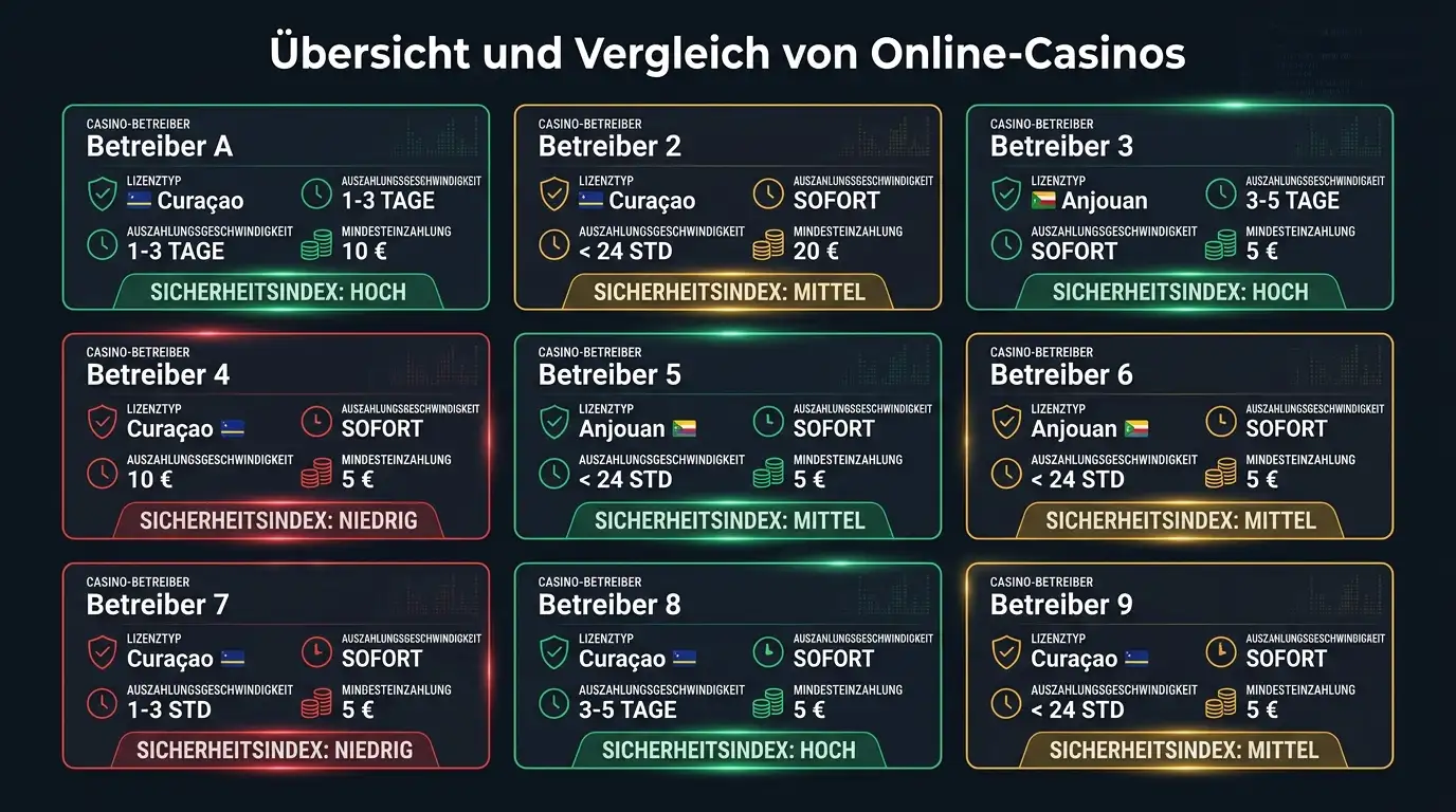 Vergleichstabelle der neun besten Online Casinos ohne GGL-Lizenz 2026 für deutsche Spieler