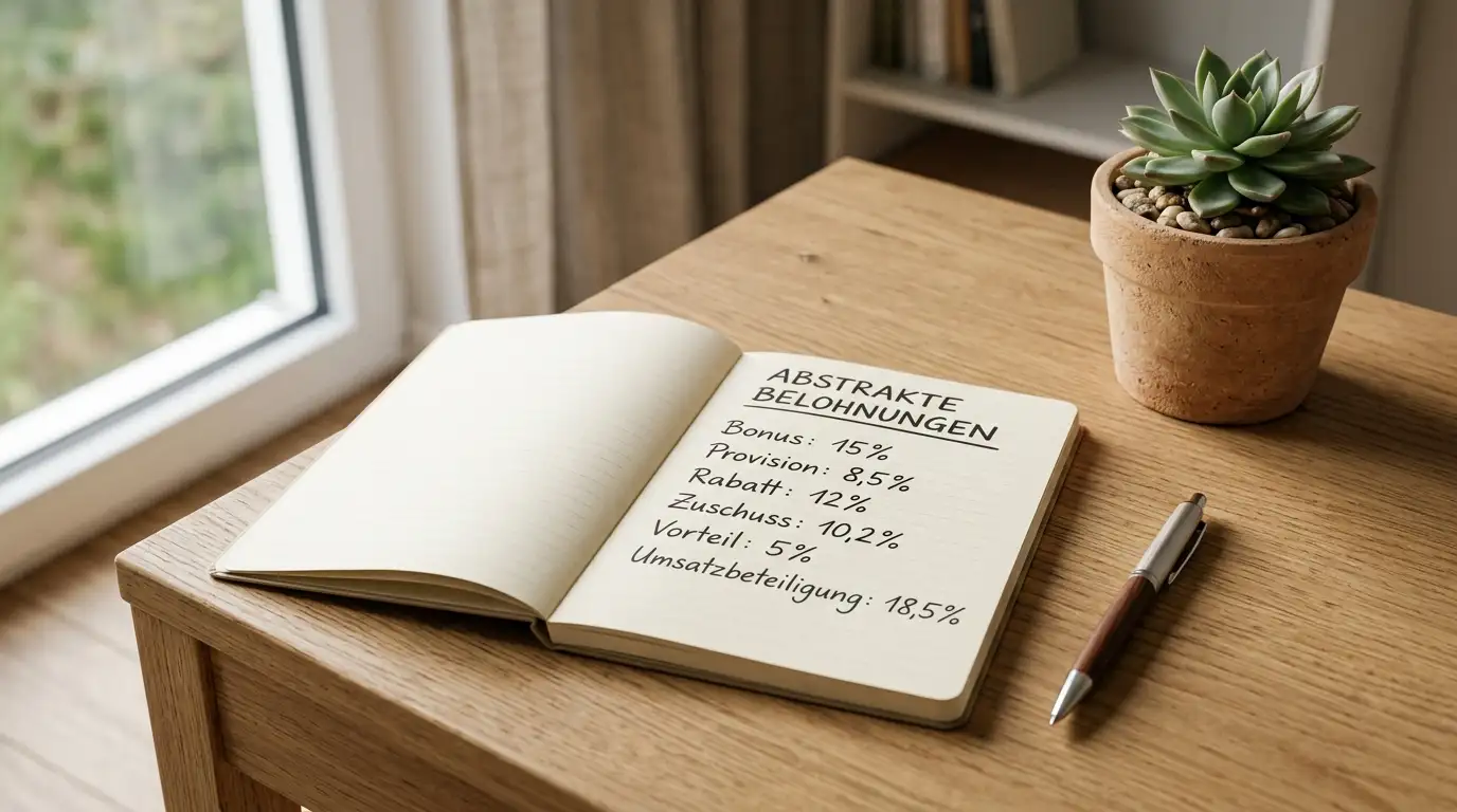 Notizbuch mit Prozentwerten und einem Stift auf einem aufgeräumten Schreibtisch