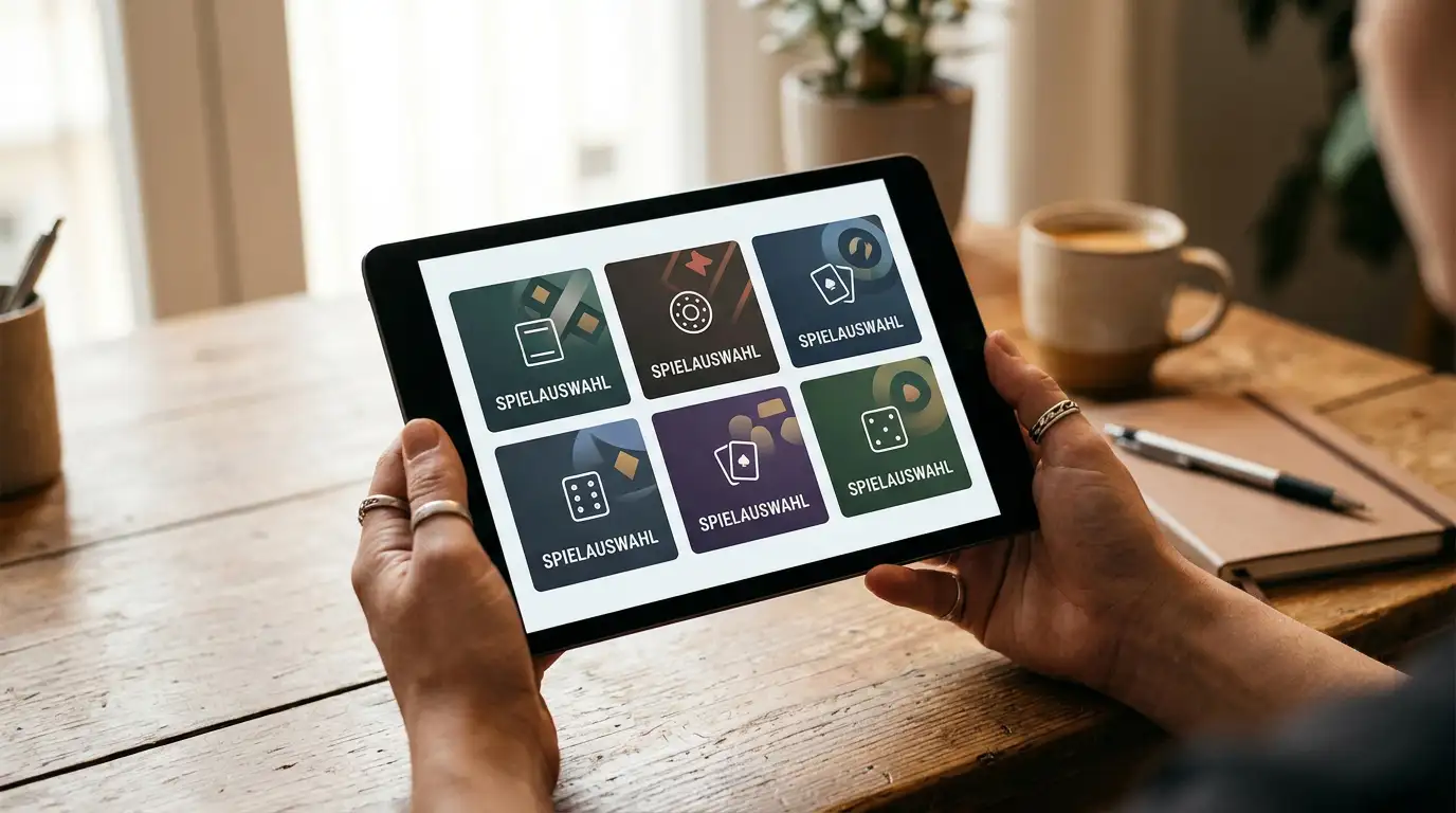 Übersicht mehrerer generischer Casino-Logos auf einem Tablet-Bildschirm als Anbietervergleich
