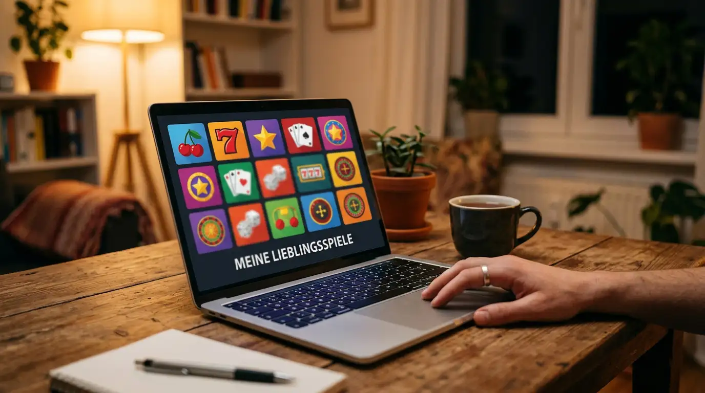 Raster bunter generischer Spielkacheln aus Slots und Live-Casino auf einem Laptop