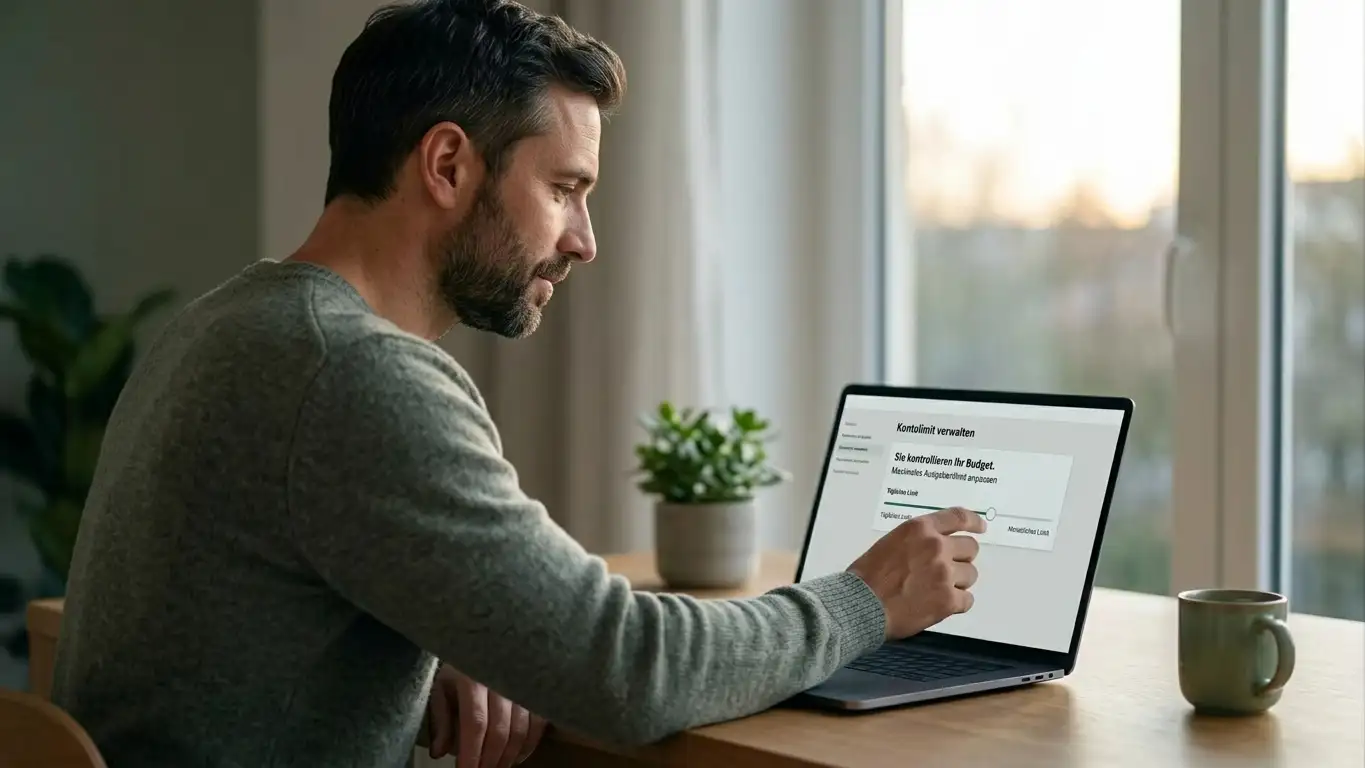 Ruhige Person stellt am Laptop ein Einzahlungslimit in einer neutralen Kontoeinstellung ein