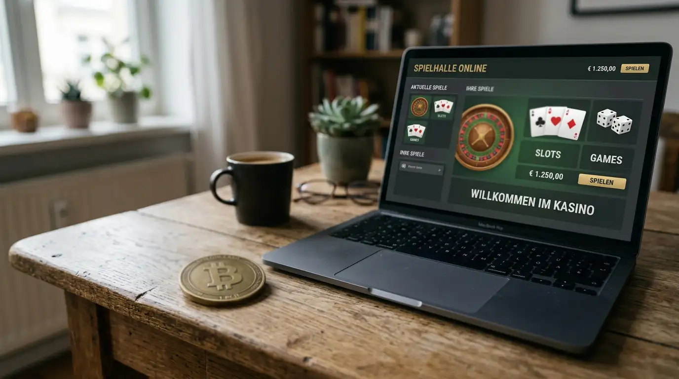 Bitcoin-Cash-Münze neben einem Laptop mit Casino-Oberfläche für den BCH-Anbietervergleich