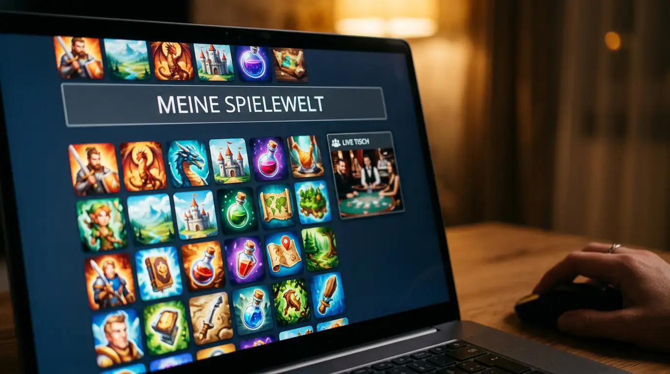 Abstrakte Spielauswahl aus Slots, Live-Tischen und Crash-Titeln im Bitcoin-Casino