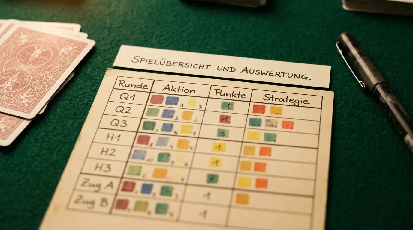 Grundstrategie-Tabelle neben Spielkarten auf grünem Filz