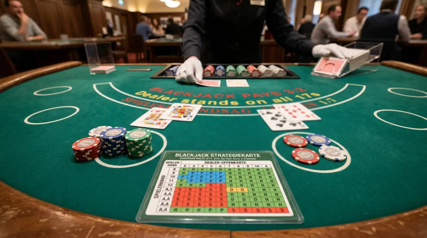 Blackjack-Tisch mit Strategiekarte und optimalen Entscheidungen