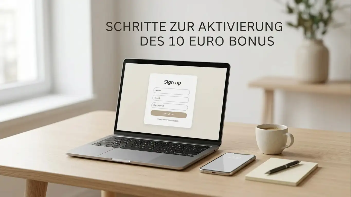 Schreibtisch mit Laptop und Bonus-Code am Bildschirm