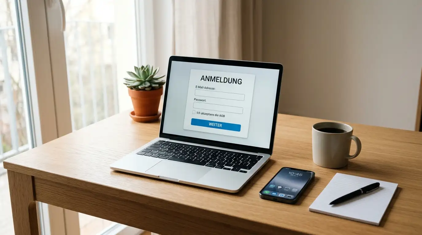 Schreibtisch mit Laptop und Bonus-Code am Bildschirm