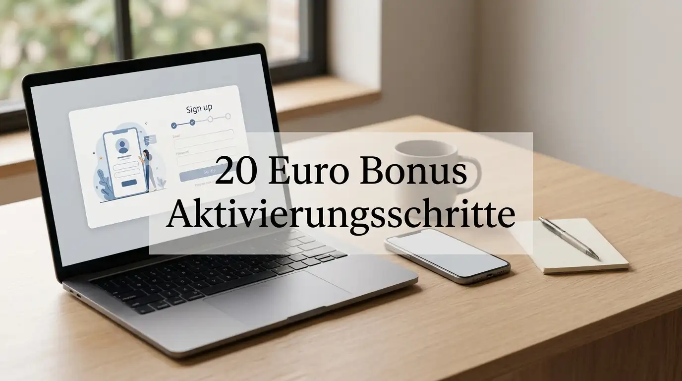 Schreibtisch mit Laptop und Bonus-Code am Bildschirm