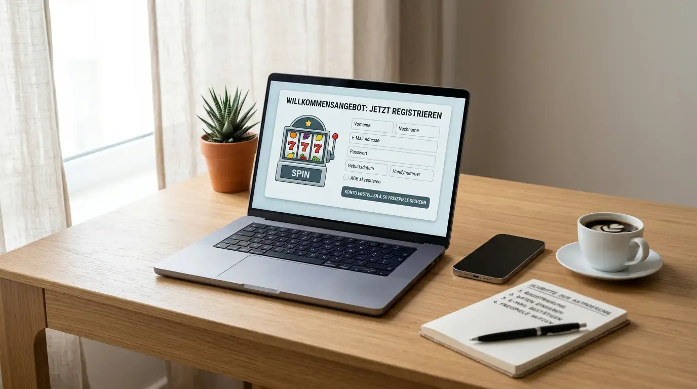 Schreibtisch mit Laptop und Bonus-Code am Bildschirm