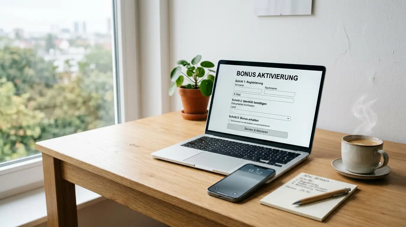 Schreibtisch mit Laptop und Bonus-Code am Bildschirm