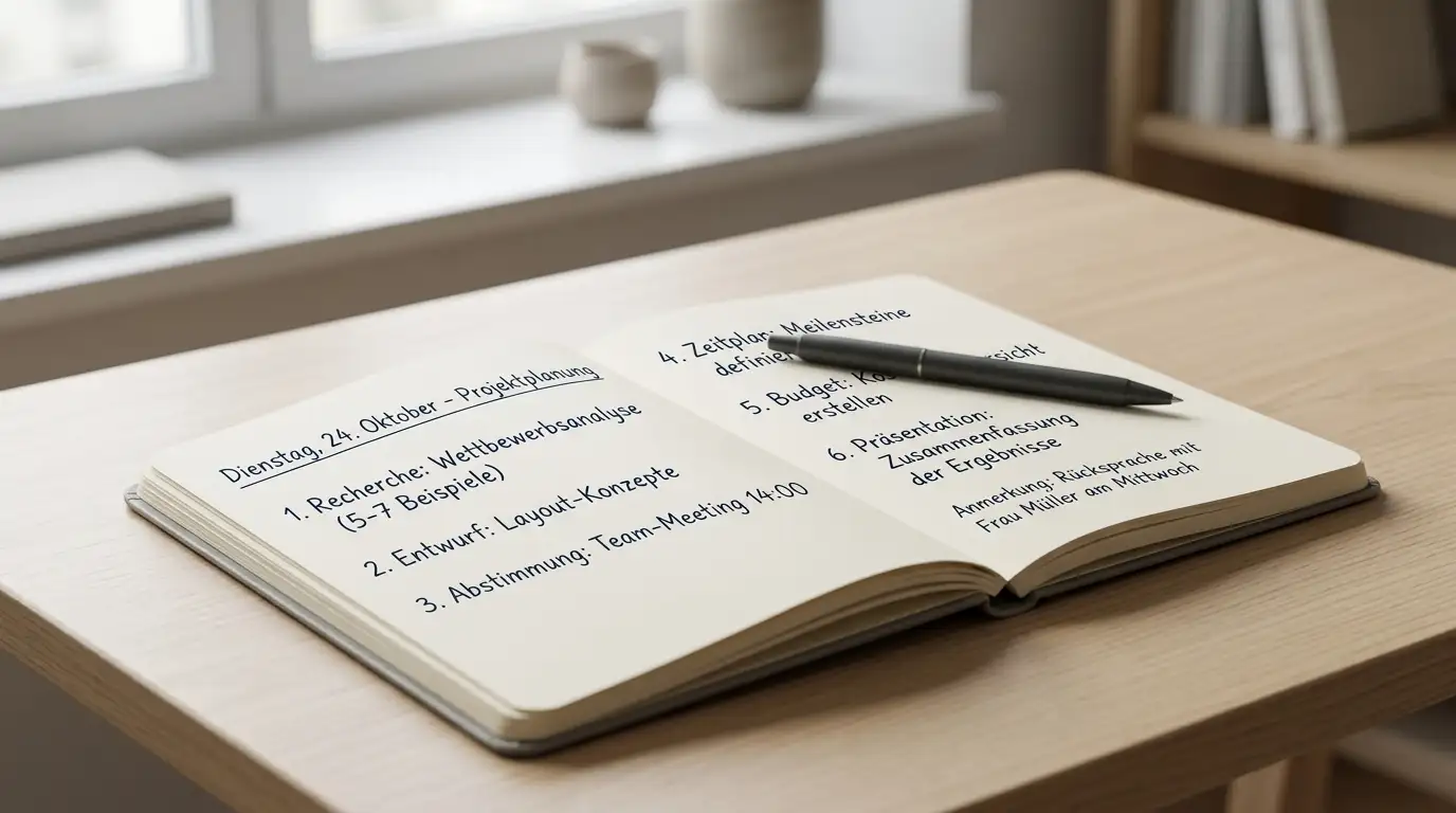 Ruhige Büroumgebung mit einem Notizbuch, einem Stift und einem neutralen Dokument mit handschriftlichen Bonusnotizen darauf