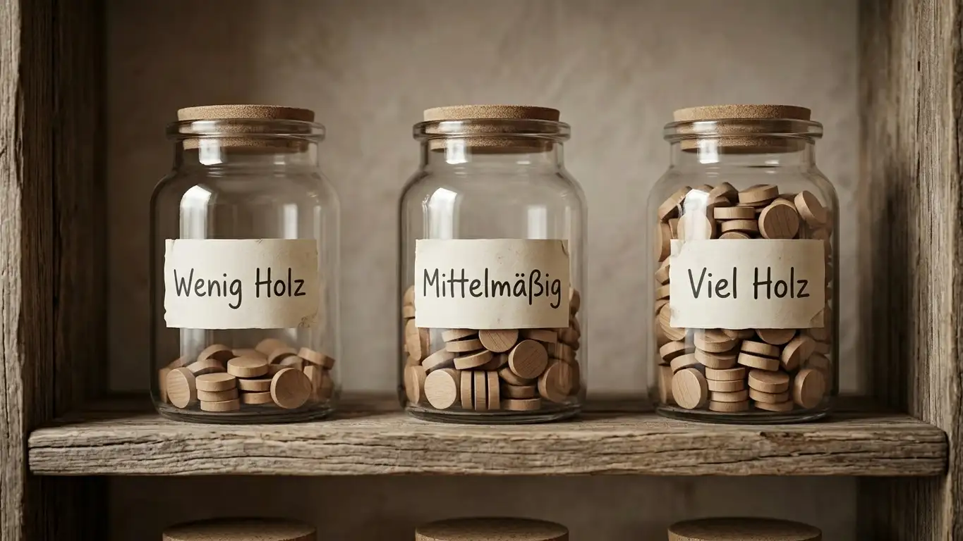 Drei beschriftete Glasbehälter mit unterschiedlich vielen Münzen, neutraler Hintergrund