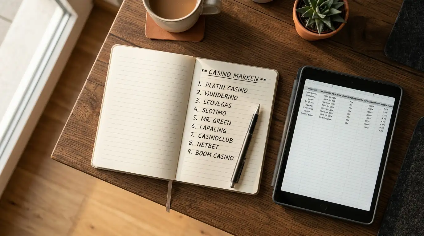 Tisch mit Laptop, Liste von Casinoboni und einem Notizbuch für den Anbietervergleich