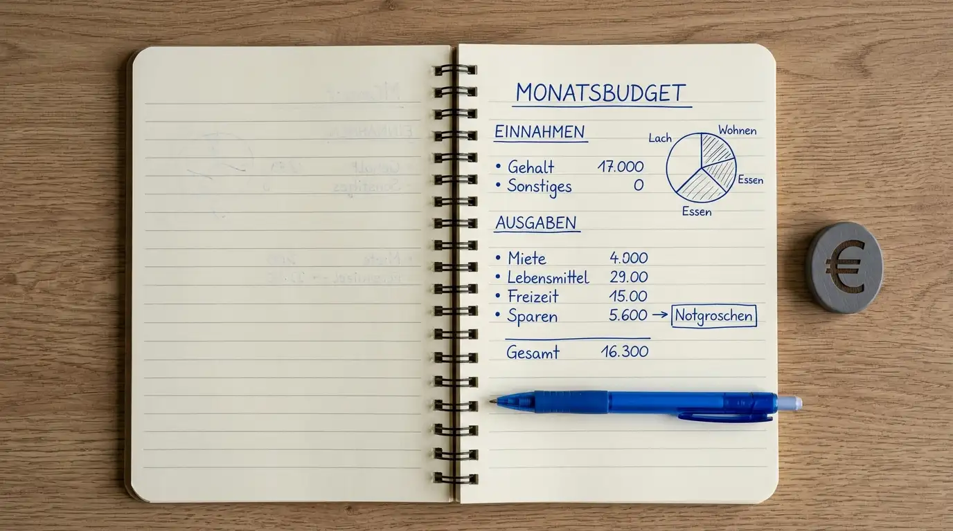 Notizblock mit handschriftlicher Budgetplanung neben einem symbolischen Euro-Zeichen